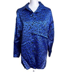 Vintage 80s‎ Retrospective Blue Cheetah Animal Print Silk Satin Blouse Top S
